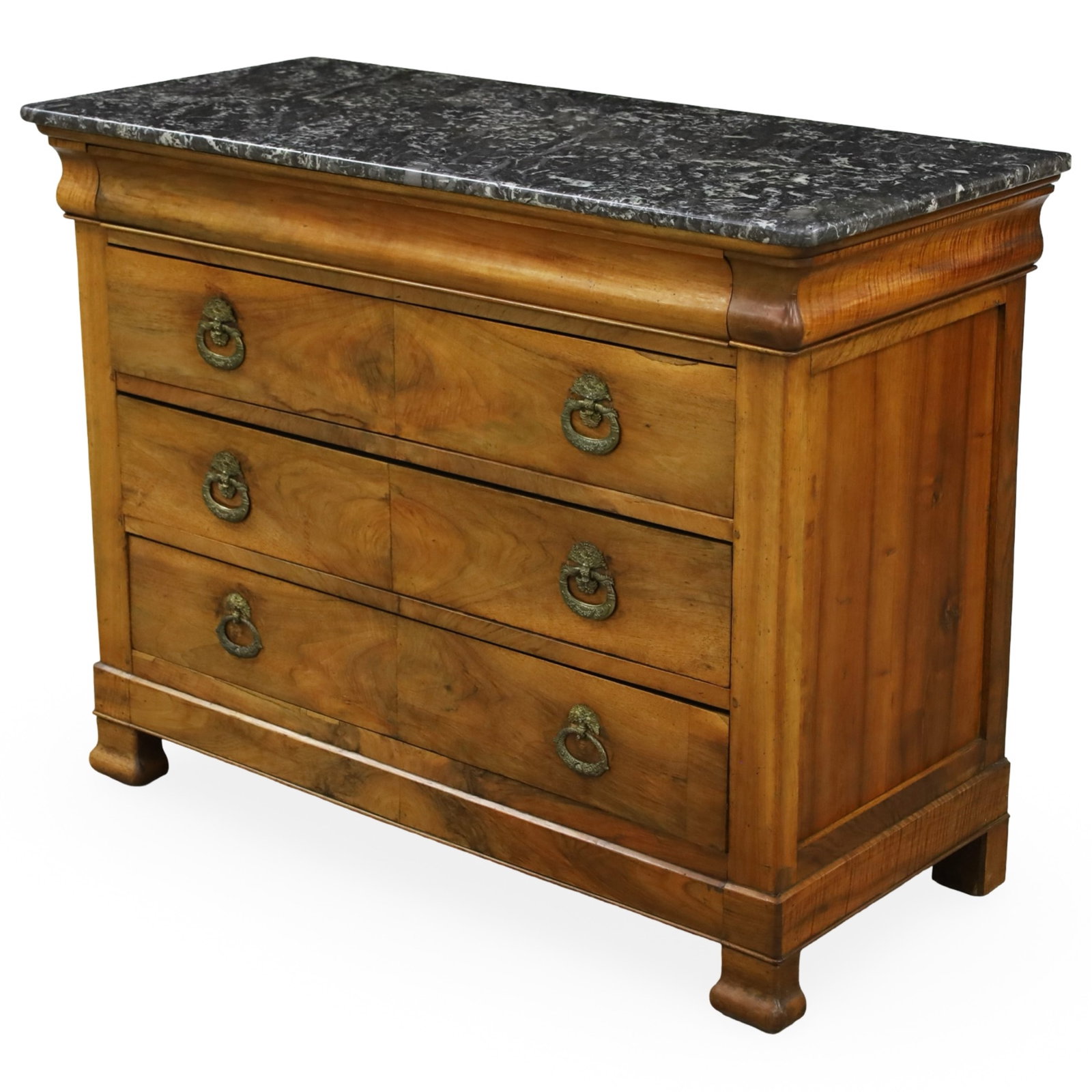 LOUIS PHILIPPE WALNUT COMMODE: Louis Philippe commode or chest of drawers having a marble top above a bookmatched walnut case with blind frieze drawer and three lower drawers with bronze hardware; 37"H 49"W 22"D