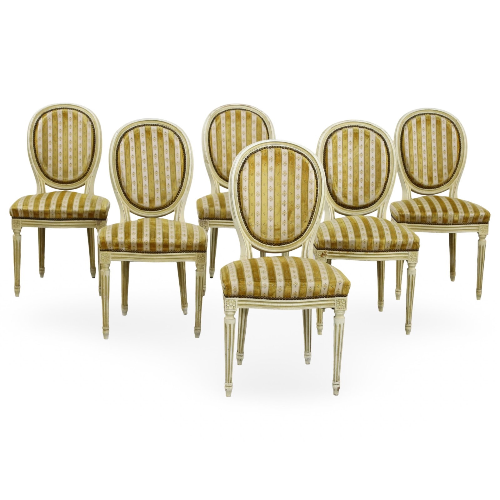SET OF 6 LOUIS XVI STYLE DINING CHAIRS: Set of six Louis XVI style dining chairs, carved oak frames with oval backs and distressed white painted finish, covered with striped velvet upholstery; 37.5"H 18"W 16"D 19" seat