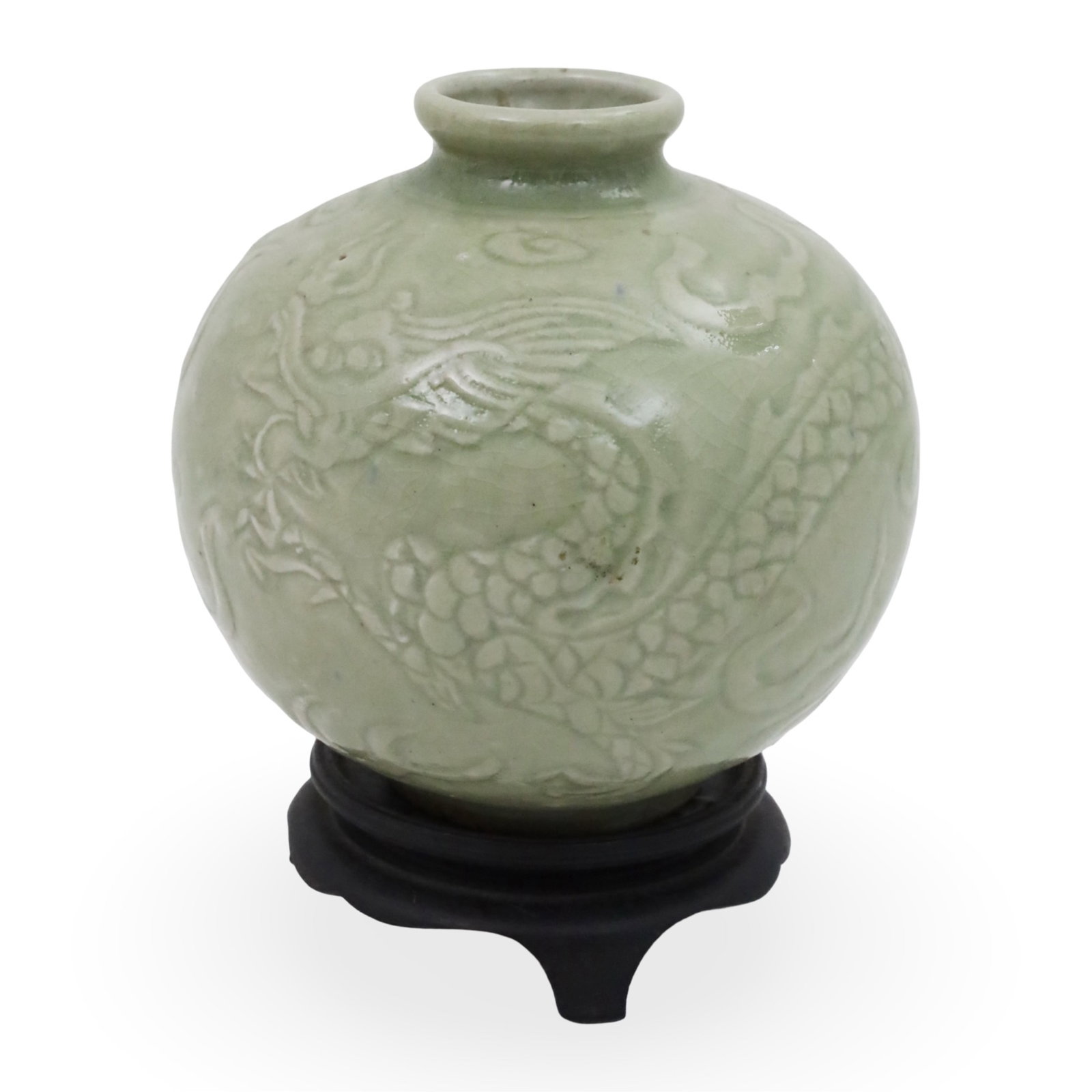CHINESE LONGQUAN DRAGON VASE: Chinese Lonquan glaze porcelain bud vase having raised dragon decoration, possibly Qing dynasty; 7"H; Condition: crazing throughout body