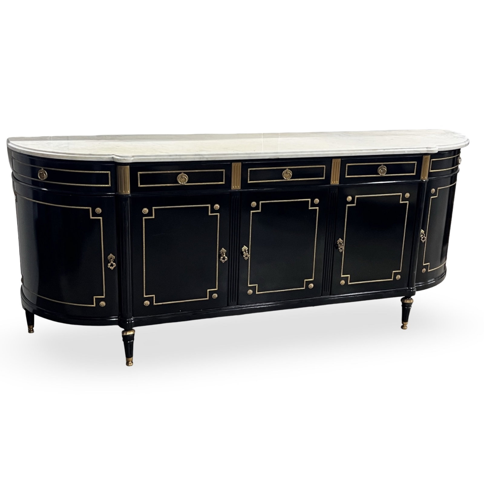 LOUIS XVI STYLE ENFILADE SIDEBOARD: Louis XVI style bowfront enfilade sideboard, having white marble top atop an ebonized case, bronze mounted with rosette accent trim panel doors; 40.5"H 99"W 23"D