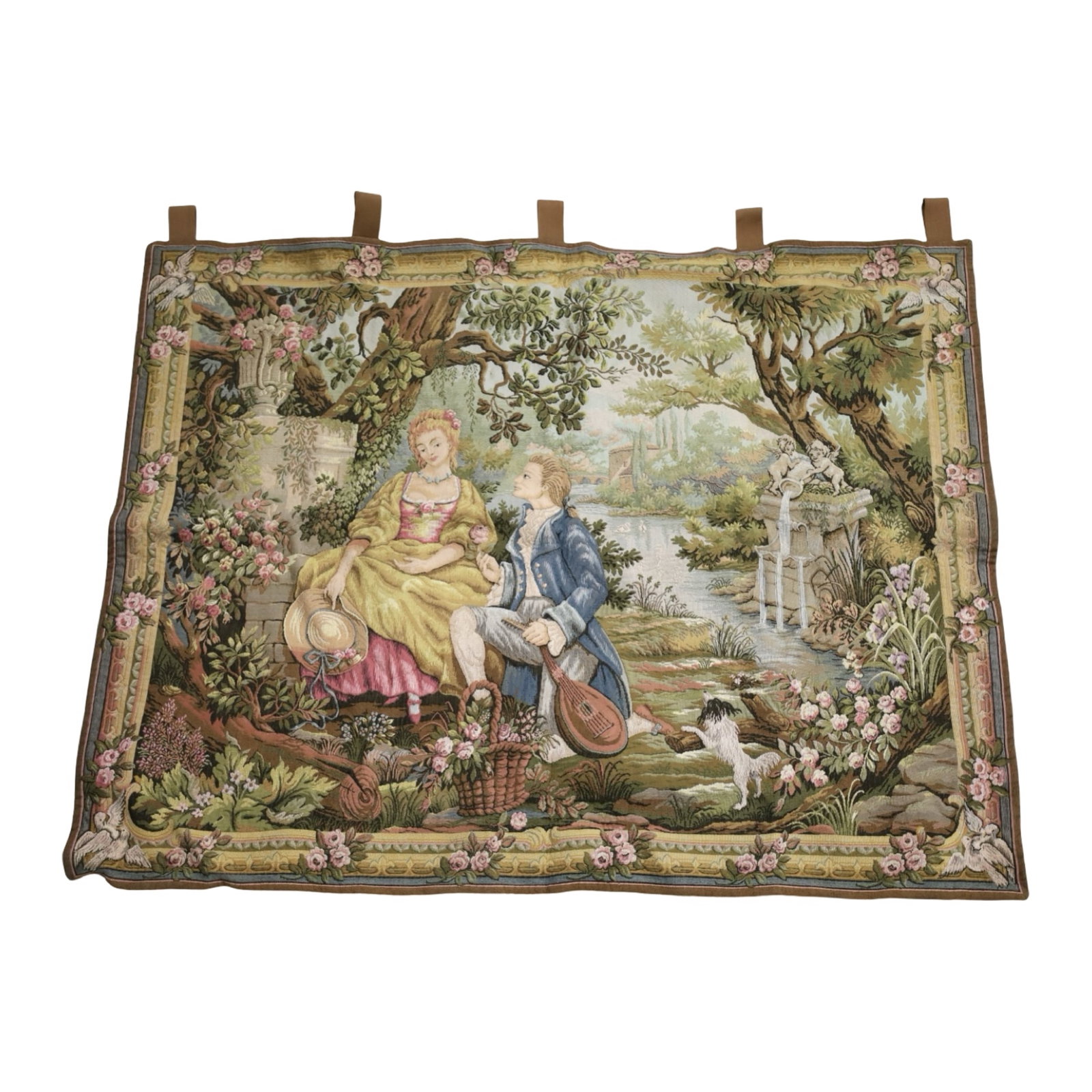 FRENCH WOVEN TAPESTRY: French woven jacquard tapestry titled Jardin D'Amour, designed by Marc Waymel for The Franklin Mint, depicting an 18th-century courting couple in a pastoral garden landscape with floral border. Made