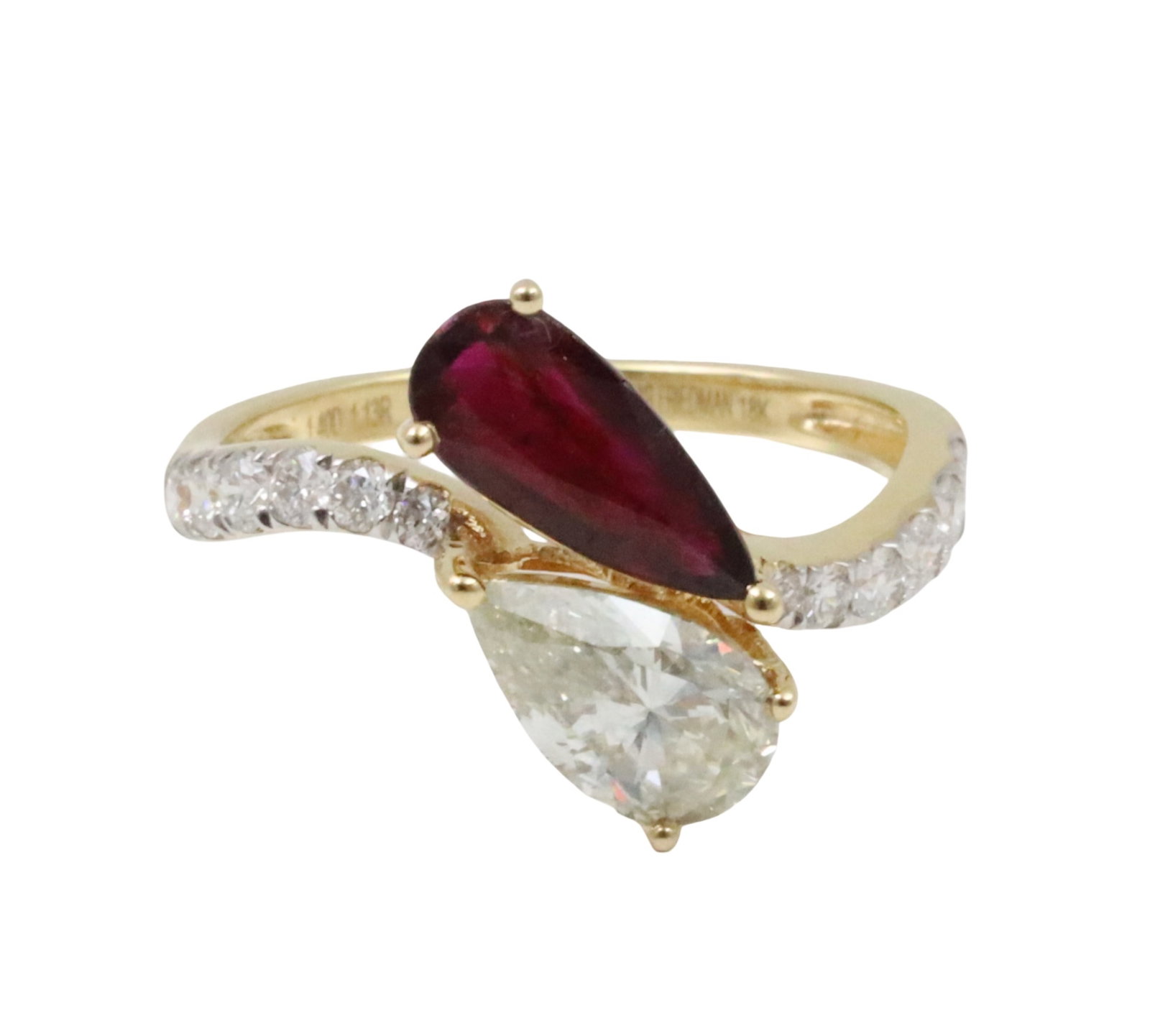 18K RUBY AND DIAMOND RING,GIA: 18k tow tone gold natural unheated ruby and diamond ring with pear brilliant cut 1.13ct GIA ruby and pear brillant VS2 diamond 1.03ctw along with .37cts diamonds in the the band. size 6.75 . gross wei