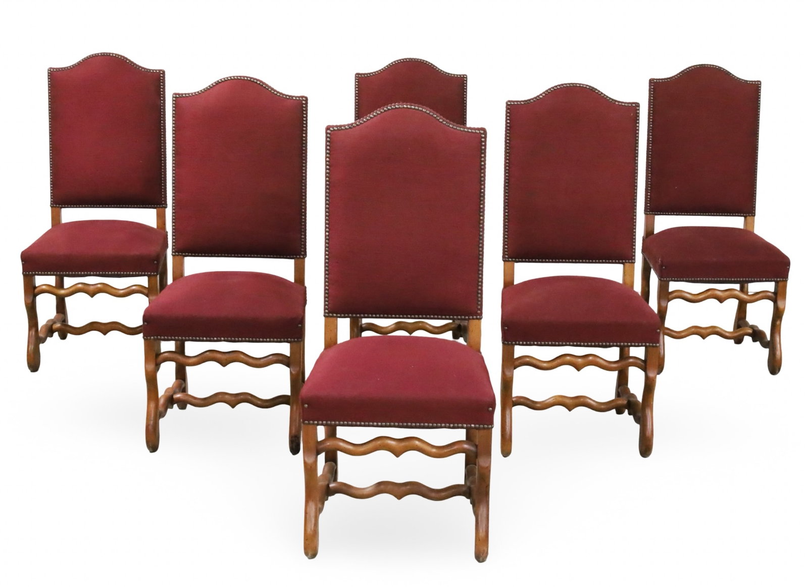 SET OF 6 LOUIS XIII STYLE WALNUT DINING CHAIRS: Set of six Louis XIII style walnut dining chairs, covered with burgundy upholstery with brass nailhead trim; each 43.5"H 19"W 18"D 19"seat