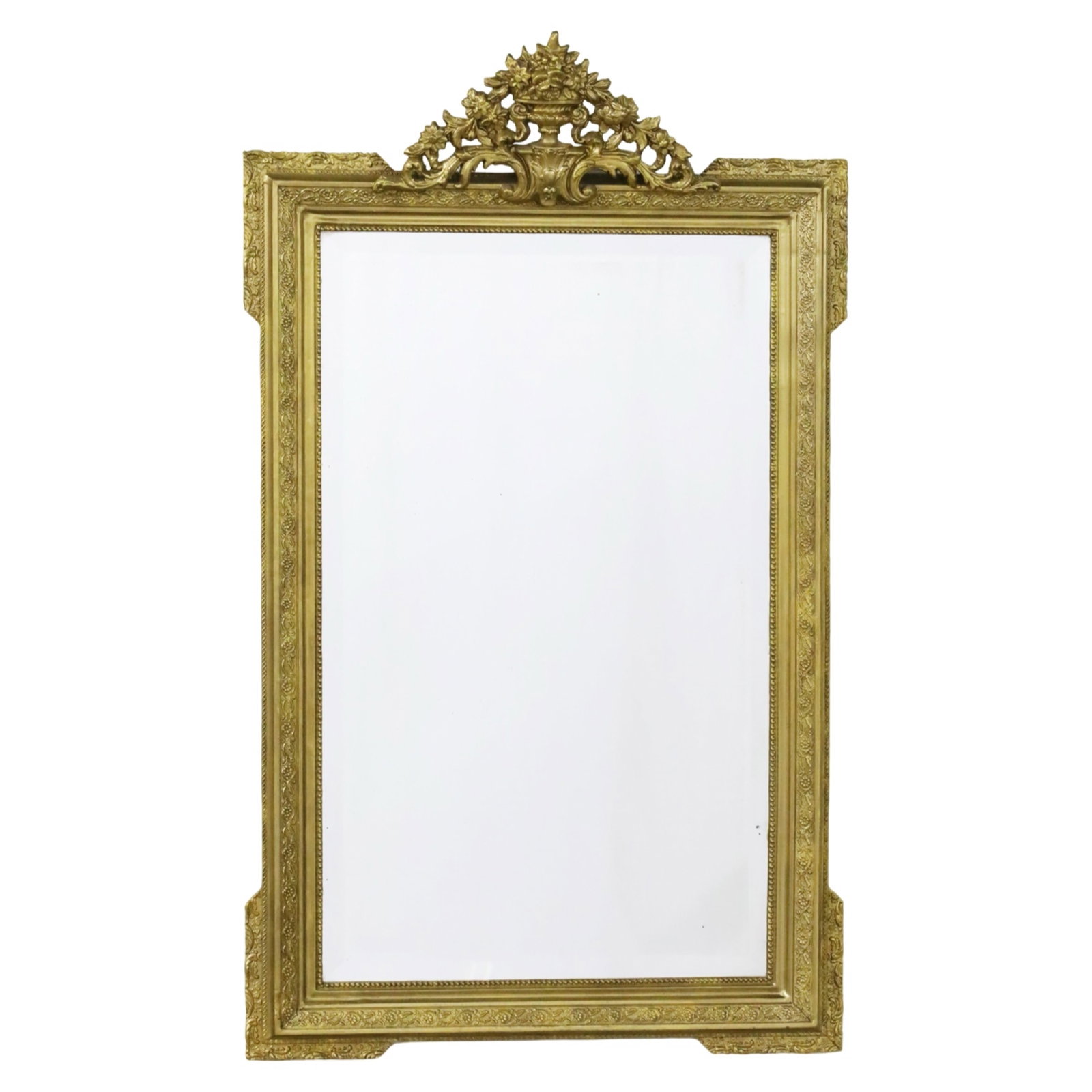 LOUIS XVI STYLE GILTWOOD MIRROR, 19TH C.: Louis XVI style giltwood mirror, the crest rail mounted with foliated urn pediment, the frame decorated with braided, floral, and beaded borders, 19th century; 52.5"H 31"W