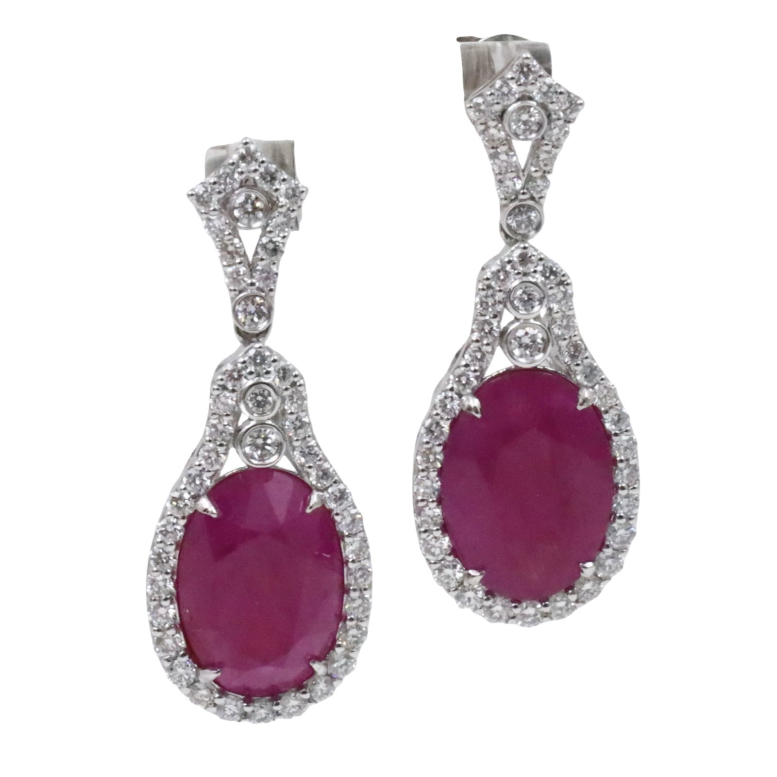 PLATINUM PINK SAPPPHIRE AND DIAMOND EARRINGS, GIA: Platinum natural pink burmese sapphire and diamond earrings having 2 oval brilliant cut sapphires with 11.33cts (2pcs) and 1.26cts of VS1-VS2 diamonds. totala weight is 10.3grams. Please see all photo