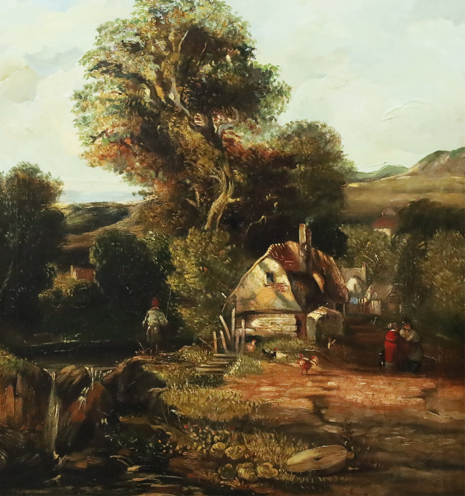 ENGLISH SCHOOL VILLAGE SCENE PTG, 19TH C.: English school oil on canvas village scene painting, signed Constance lower left, mounted in giltwood frame, late 19th/early 20th century; 40"H 36"W; Condition: relined, note on canvas verso states re