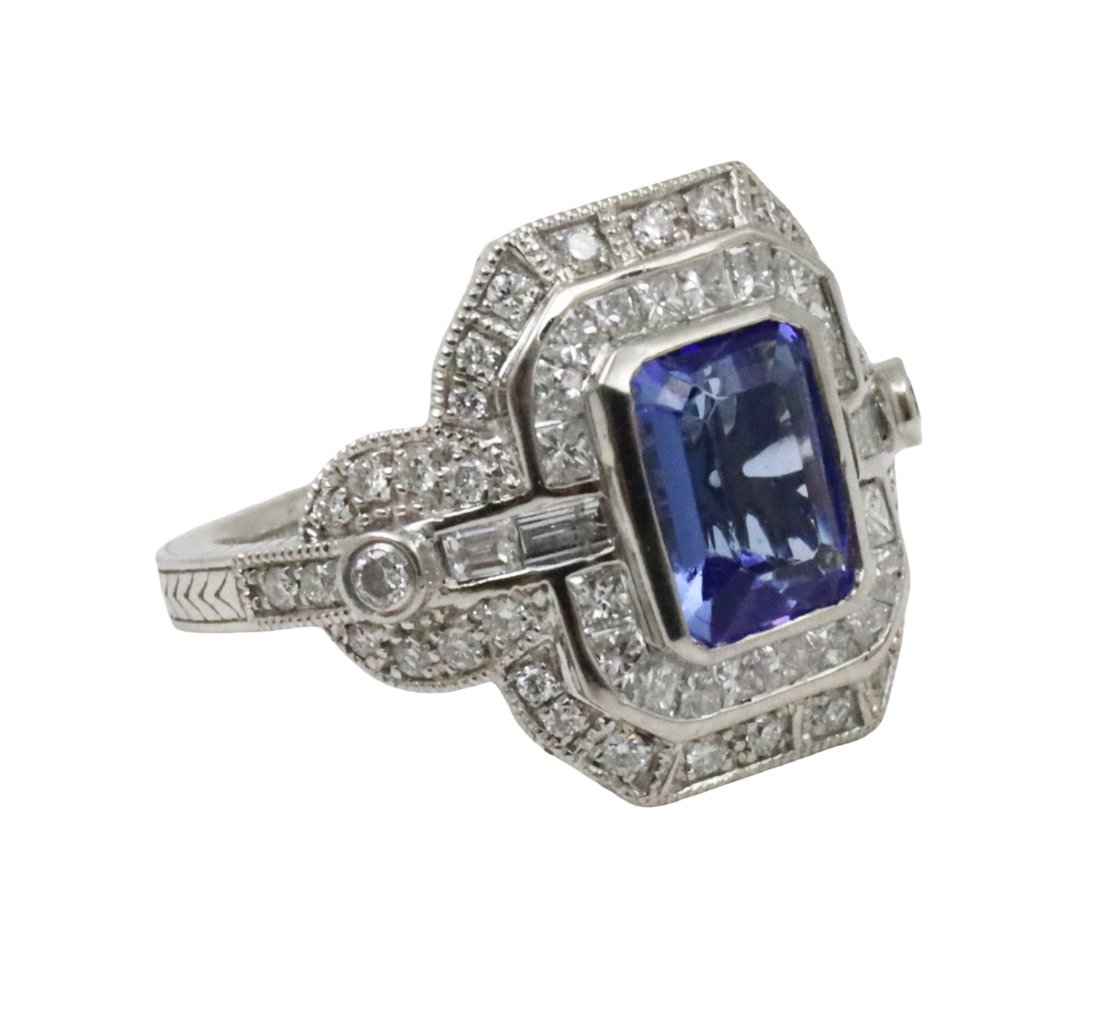 PLATINUM TANZANITE AND DIAMOND RING: Platinum ring mounted with 1.99ct tanzanite and 1.17cts of diamonds. size 7 .gross ewight 10.7grams. Please see all photos and appraisal. Note :this lot must be paid by bank wire transfer