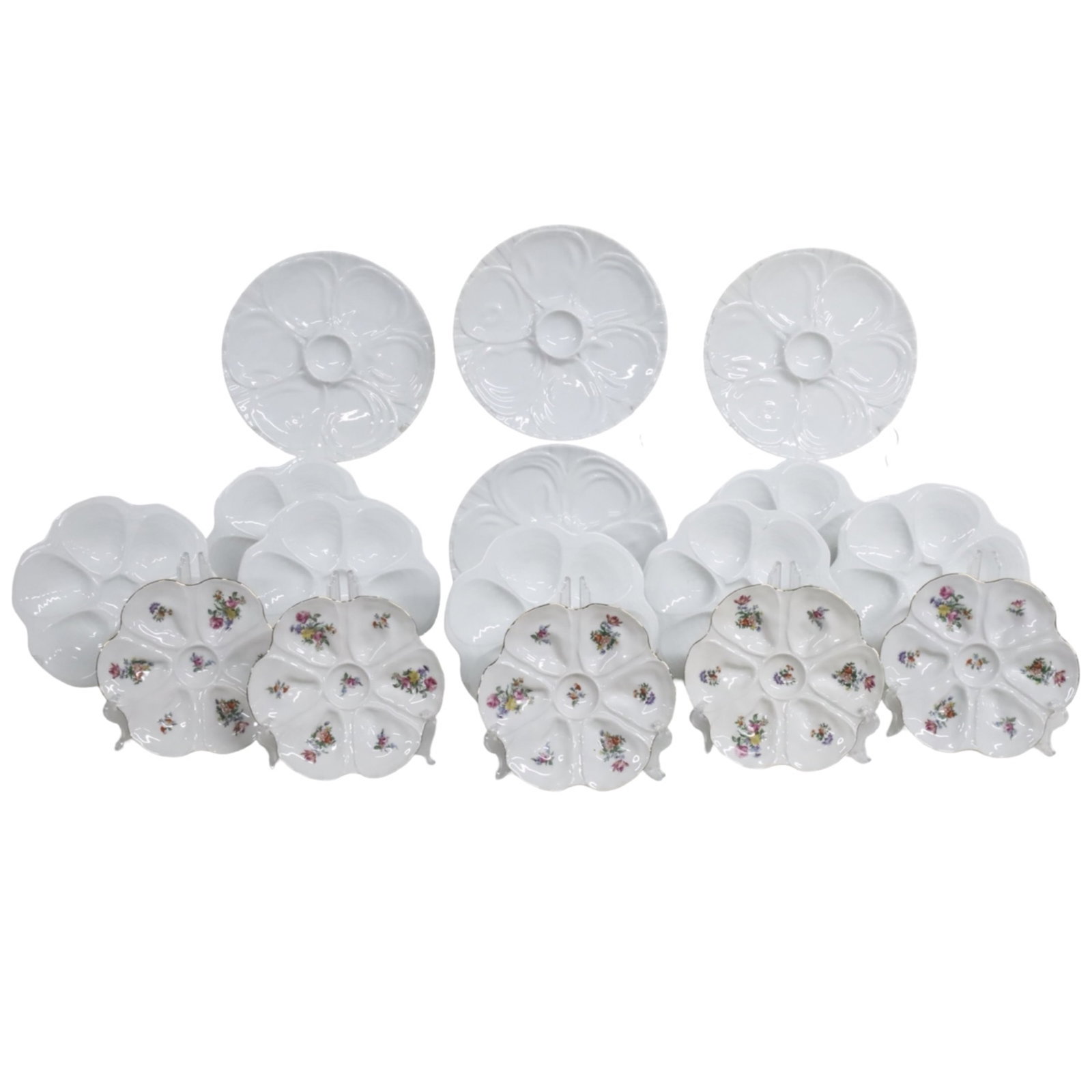SET OF 16 WHITE OYSTER PLATES: Set of 16 glazed white oyster plates including Limoges. 11" diameter largest