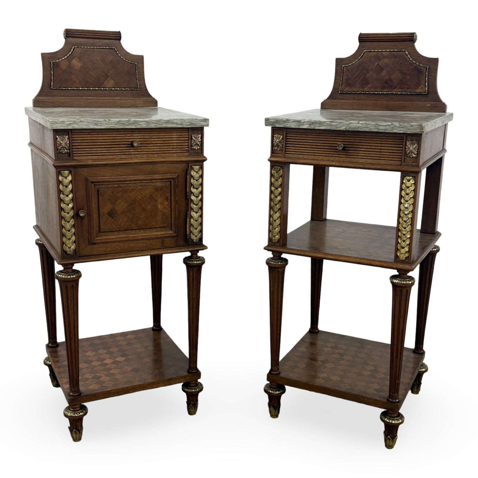 PR LOUIS XVI STYLE NIGHTSTANDS: Pair of Louis XVI style mahogany nightstands, both with stepped marquetry galleries above marble tops and gilded rosette and quatrefoil accents, one with cabinet and the other an open etagere; each