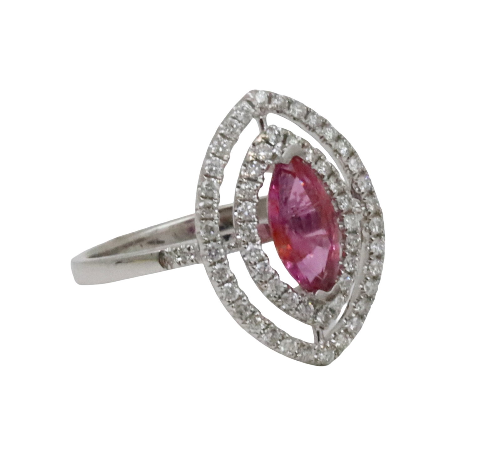 18K PINK SAPPHIRE AND DIAMOND RING, GIA: 18K white gold ring with 1.17ct Mozambique pink sapphire and .40cts diamond ring. size 6.25. gross weight 3.6grams. Please see all photos, appraisal, and GIA#2231917561. Note: this lot must be paid