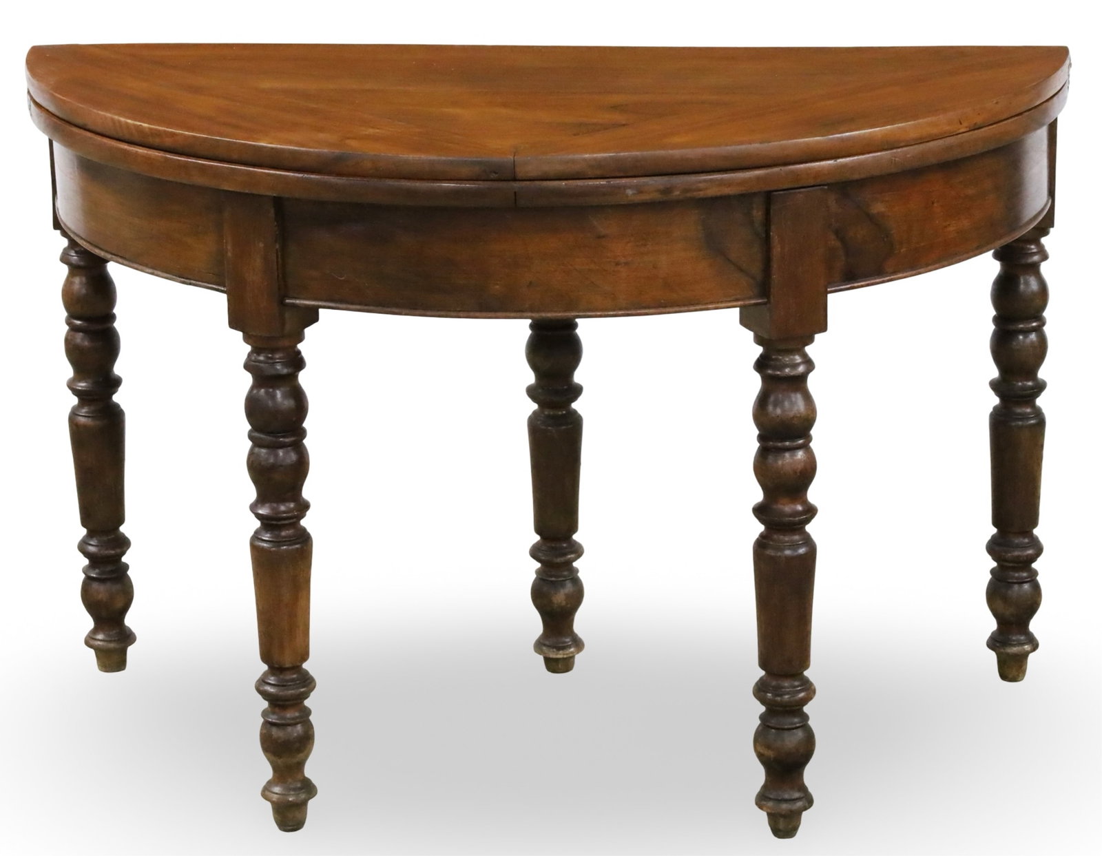 FRENCH WALNUT DEMILUNE GAME TABLE: French walnut demilune game table, having a lift top and raised on turned legs; 29"H 45"W 22"D