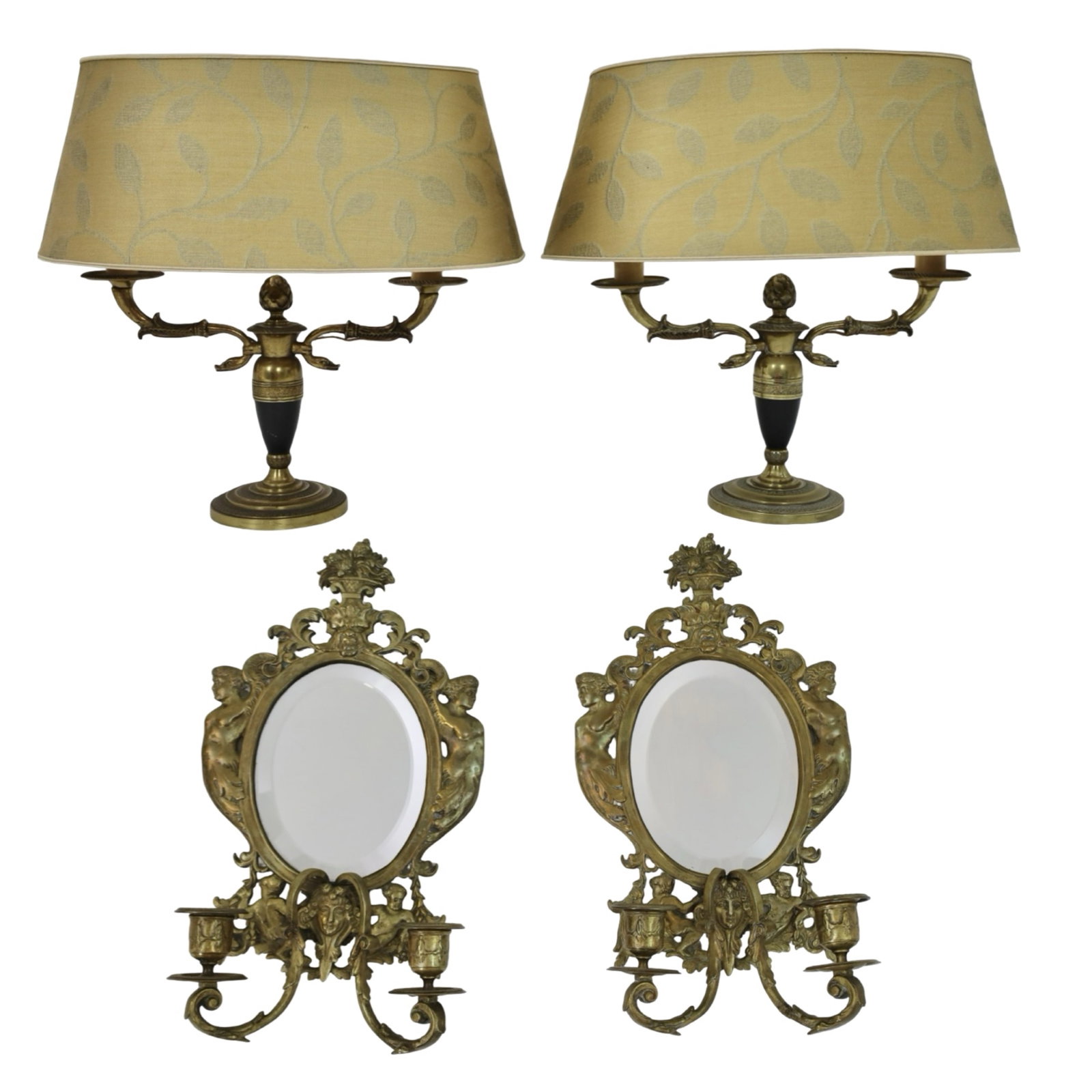 LOT OF 4 FRENCH LIGHTING ARTICLES: Lot comprising a pair of French style gilt bronze two-light table lamps together with a pair of French style gilt bronze mirrored two-light wall sconces. rewiring recomended. lamps 14" with shade