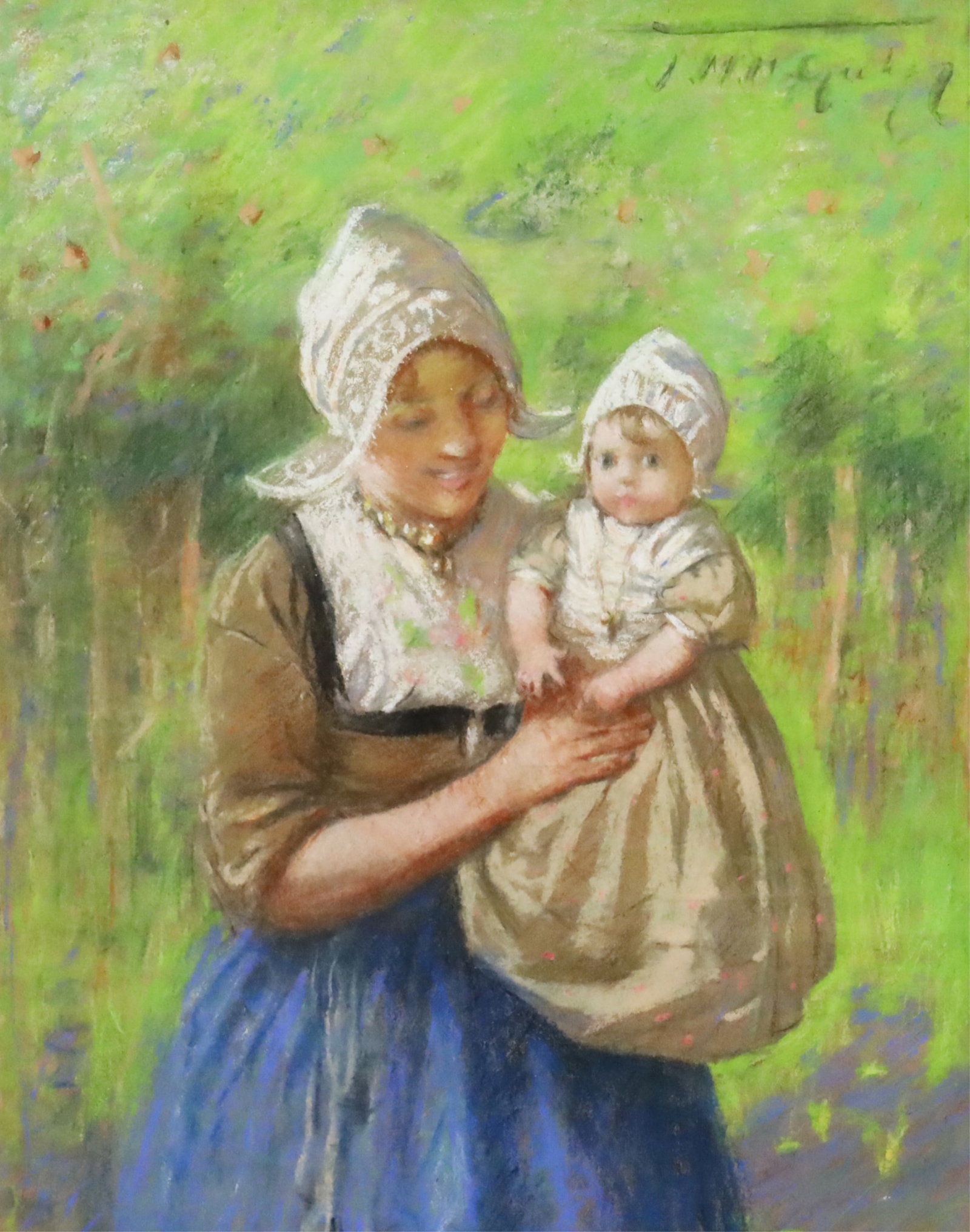 JESSIE M. MCGEEHAN (SCOTTISH, 1872-1950): Jessie M. MCGEEHAN (Scottish, 1872-1950) "Young Mother Volendam" (title as purchased). Pastel on artists paper, mounted behind conservationglass in modern frame. Signed dated 1910, top