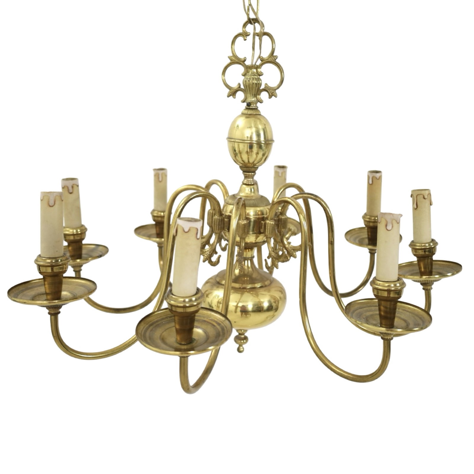 EIGHT-LIGHT BRASS CHANDELIER: Traditional eight-light polished brass chandelier with scrolling arms, baluster-form standard, decorative openwork crown, and circular drip pans. Electrified for eight candelabra-base bulbs and