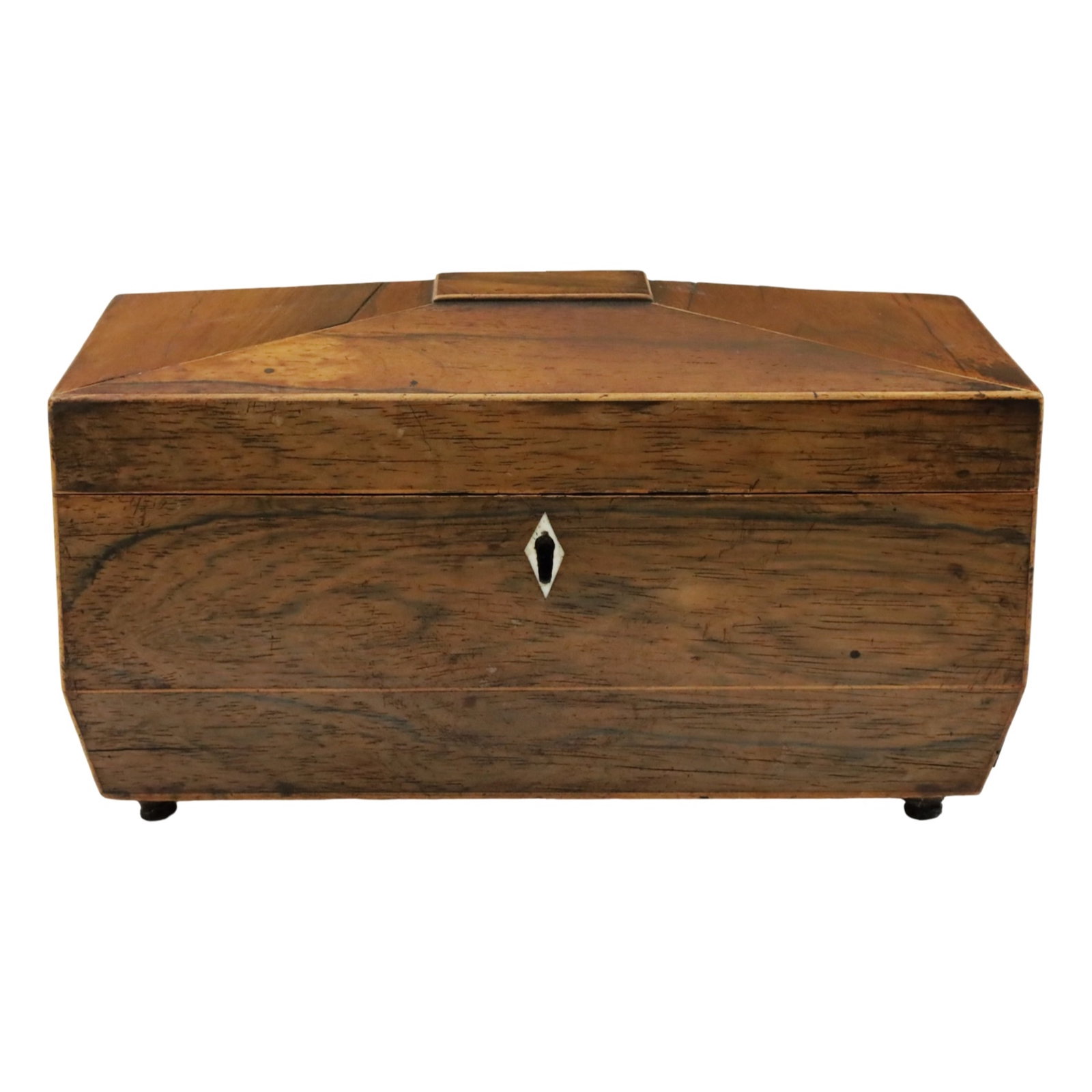 ENGLISH REGENCY YEW WOOD TEA CADDY BOX: English Regency yew wood tea caddy box, sarcaphogous form, the lift top revealing two fitted compartments and center well with later crystal inset bowl; 7"H 12"W 6"D