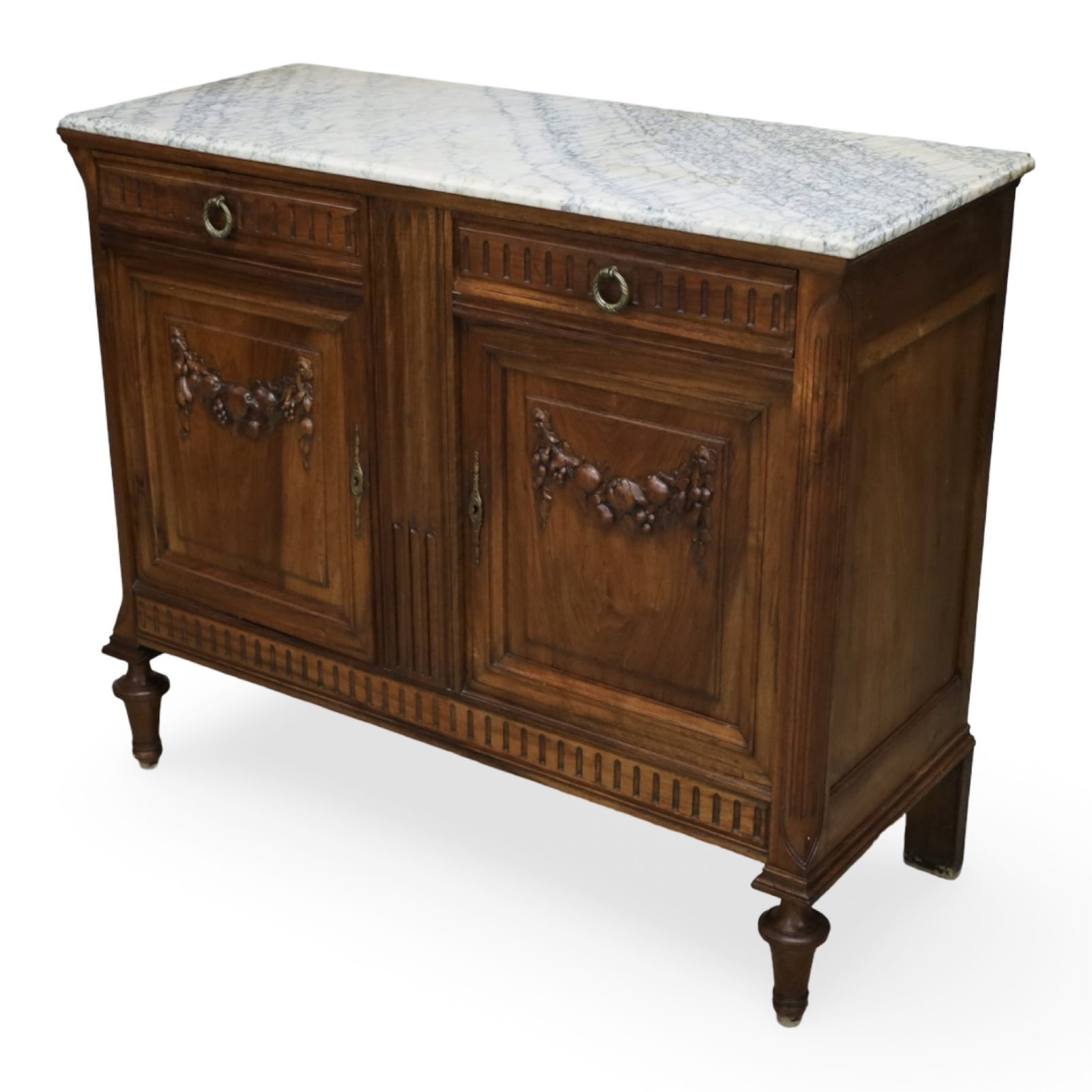 FRENCH PROVINCIAL PEDESTAL CABINET: French Provincial walnut pedestal cabinet with molded top above a paneled door and shaped base. Measures 36"W x 16"D x 58"H.