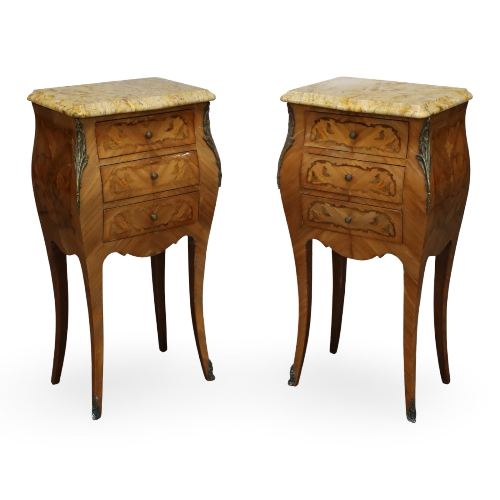 PAIR OF FRENCH MARQUETRY MARBLE-TOP BEDSIDE CHESTS (1 of 5)