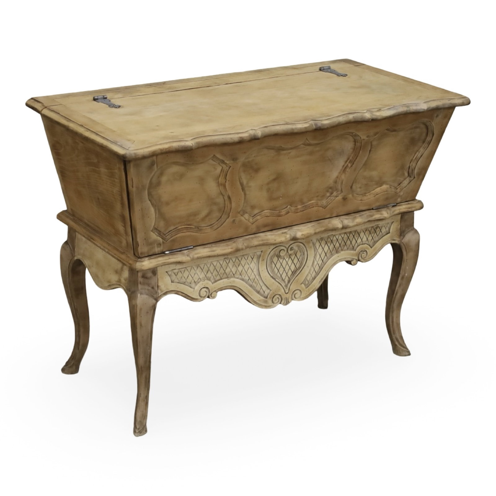 FRENCH PROVINCIAL BLEACHED WALNUT PANETI?RE: Bleached walnut French Provincial paneti?re with hinged lid, carved apron with heart motif and cabriole legs.