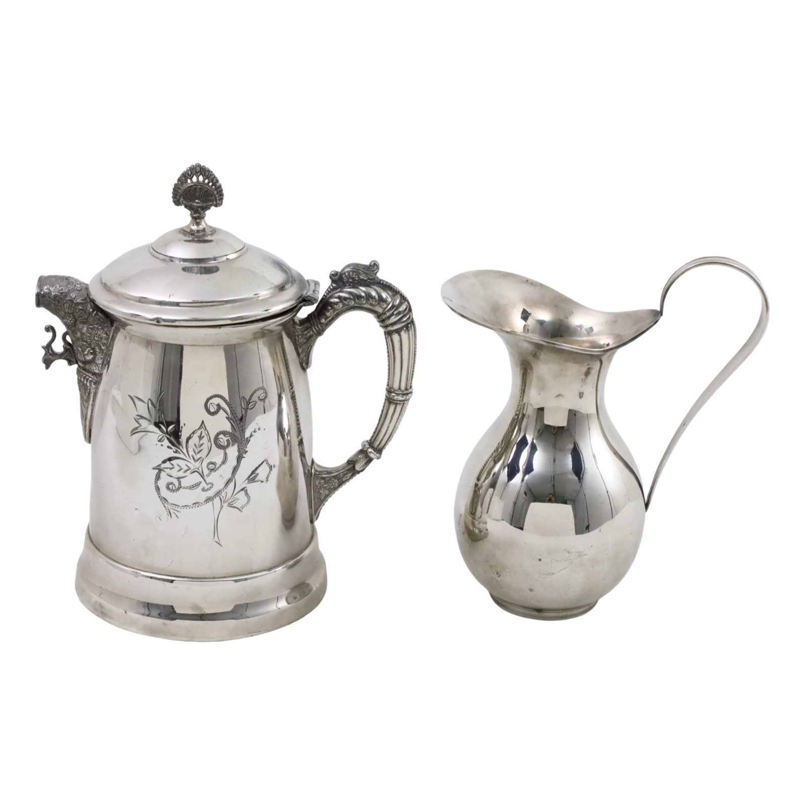 TWO SILVER PLATE TEA PITCHERS: Group of two silverplate tea pitchers, one by Leonard with ornamented spout and handle, the other more modern form by Wallace; 11.5"H and 10"H