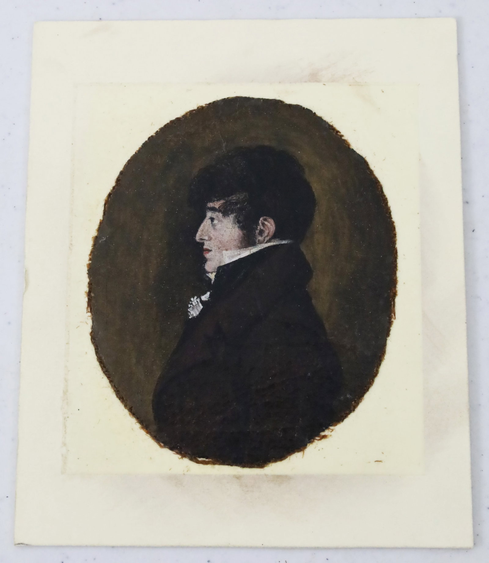 AMERICAN MINIATURE PORTRAIT OF HYRAM HARRIS: 19th century American oil on canvas miniature portrait of Charleston businessman Hyam Harris, now laid to panelProvenance: Property of Adeline Harmon Coles Cox, Richmond, VA. Descended from Adele