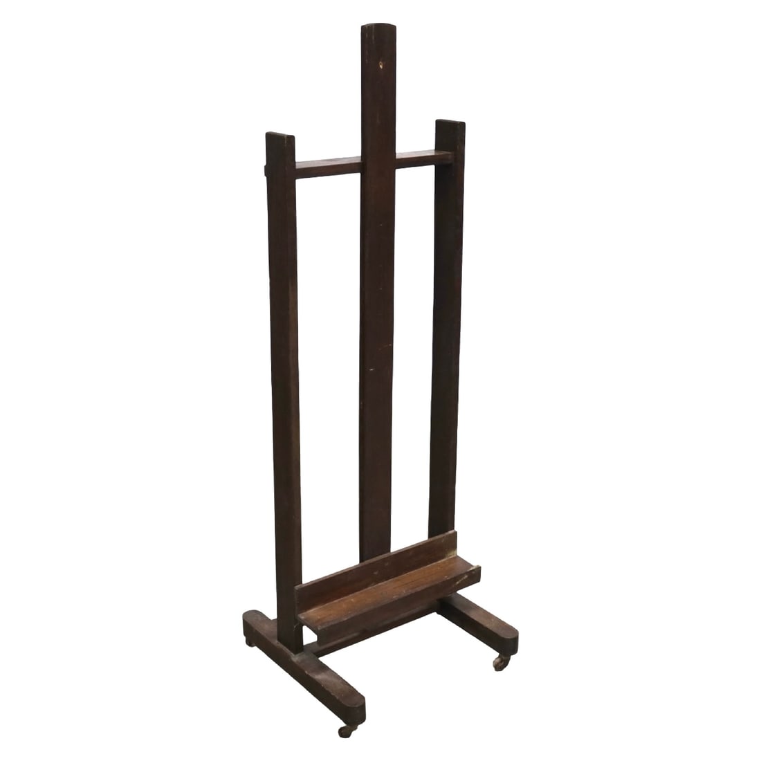 ANTIQUE ADJUSTABLE ARTIST'S DISPLAY EASEL: French hardwood artist's display easel with adjustable center support, molded lower picture rest, and splayed legs ending in brass casters. Suitable for displaying paintings, mirrors, or framed artwor