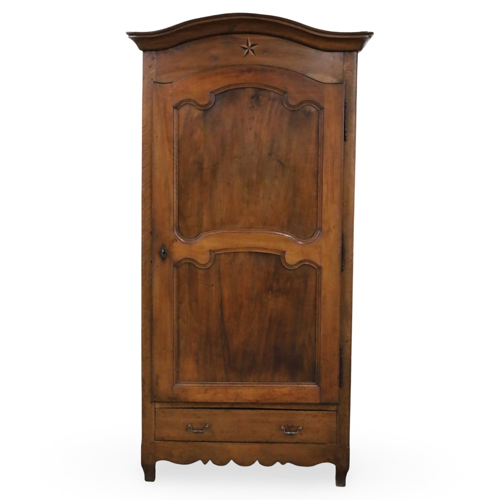 FRENCH WALNUT BONNETIERE: French walnut bonnetiere, having a serpentine cornice above satinwood and ebony star inlay, shaped panel single door cabinet with a lower drawer, scalloped apron raised on splay feet, 19th century;