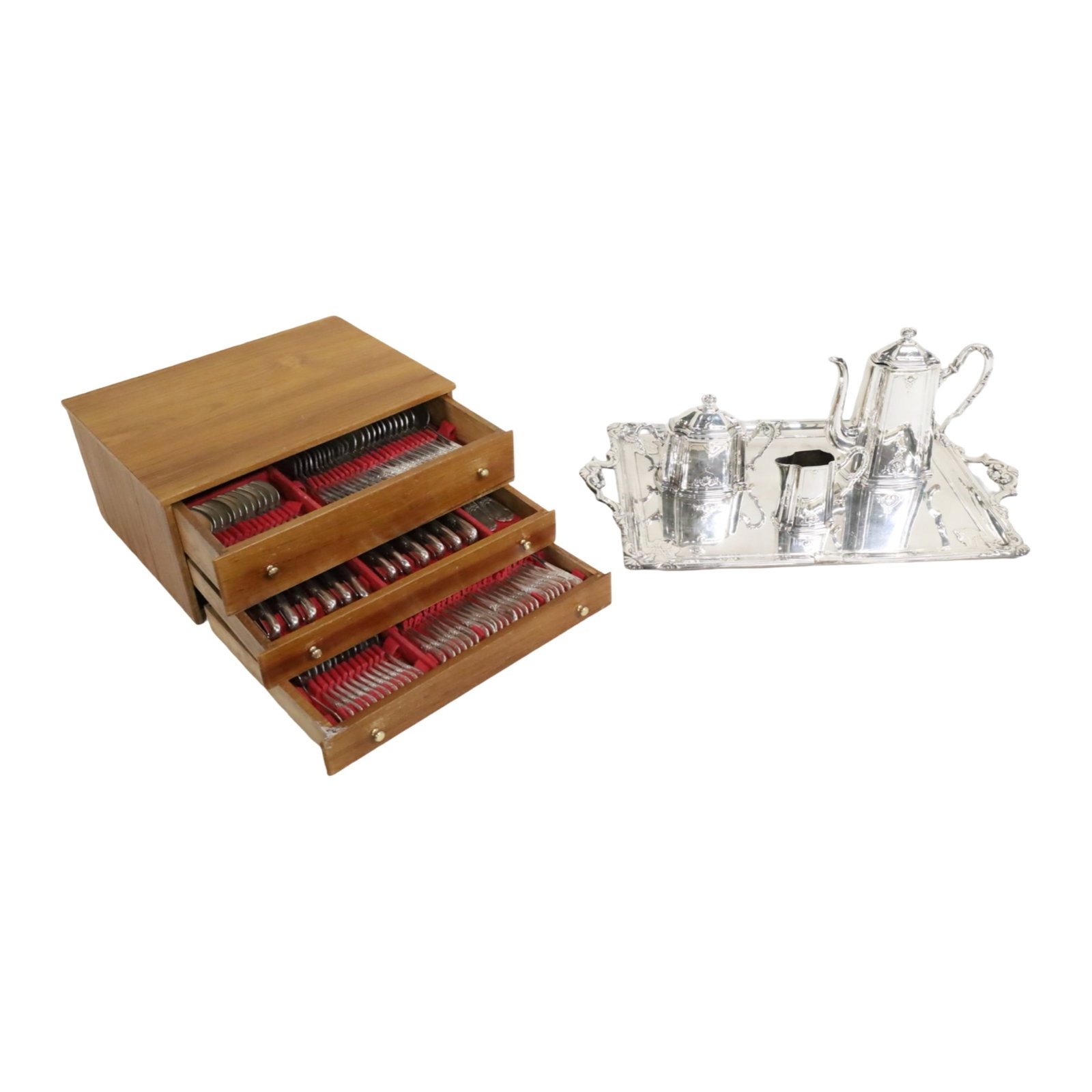 105PC LOT OF HEAVY FRENCH SILVER PLATE: 105 piece lot of heavy silver plate, including a three piece tea service with tray, marked on reverse, along with a 101pc flatware service for 12