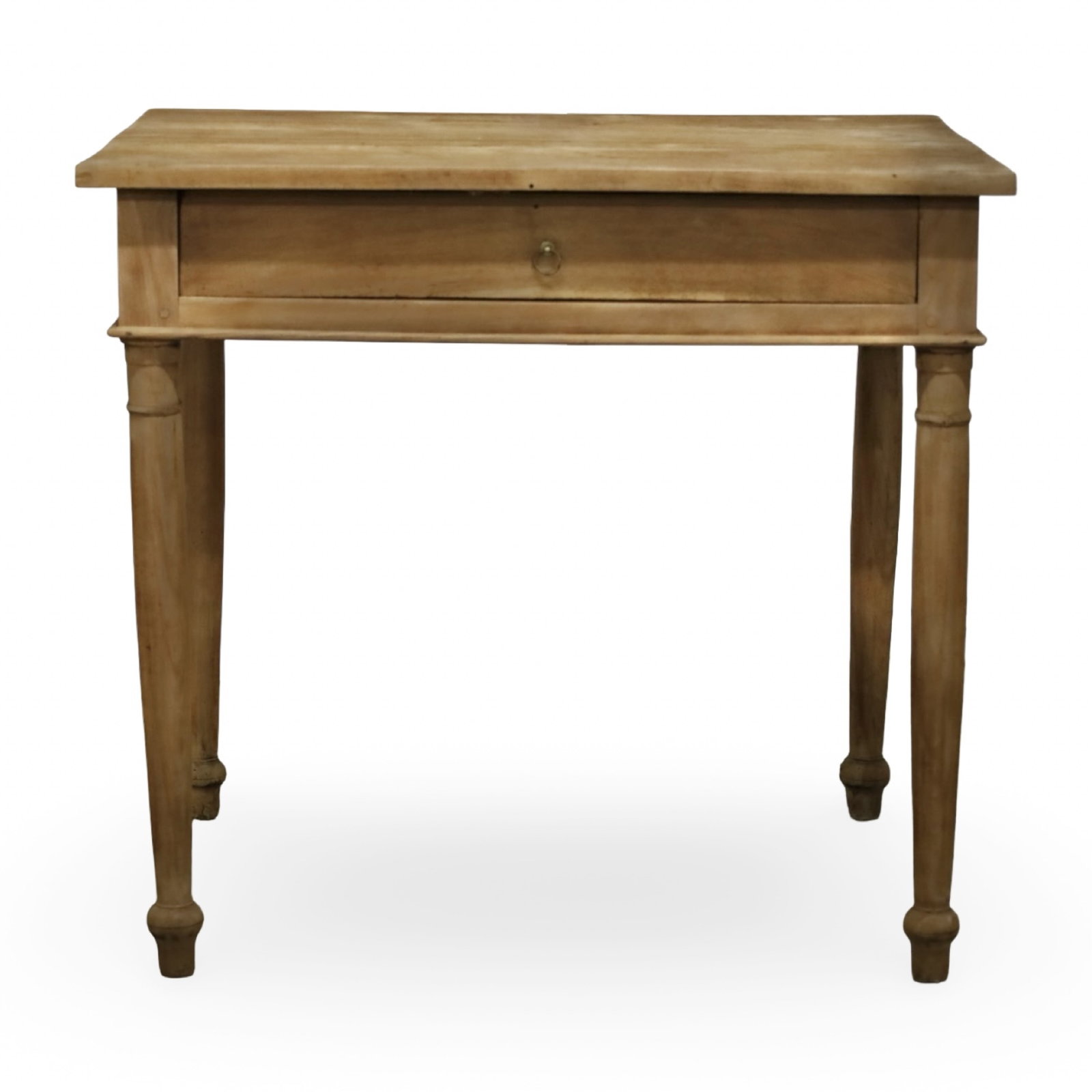 FRENCH PROVINCIAL BLEACHED WALNUT ONE-DRAWER TABLE: Provincial-style rectangular table with single frieze drawer, tapered legs, and bleached walnut finish. Measures 30"W x 25.5"D x 29"H.