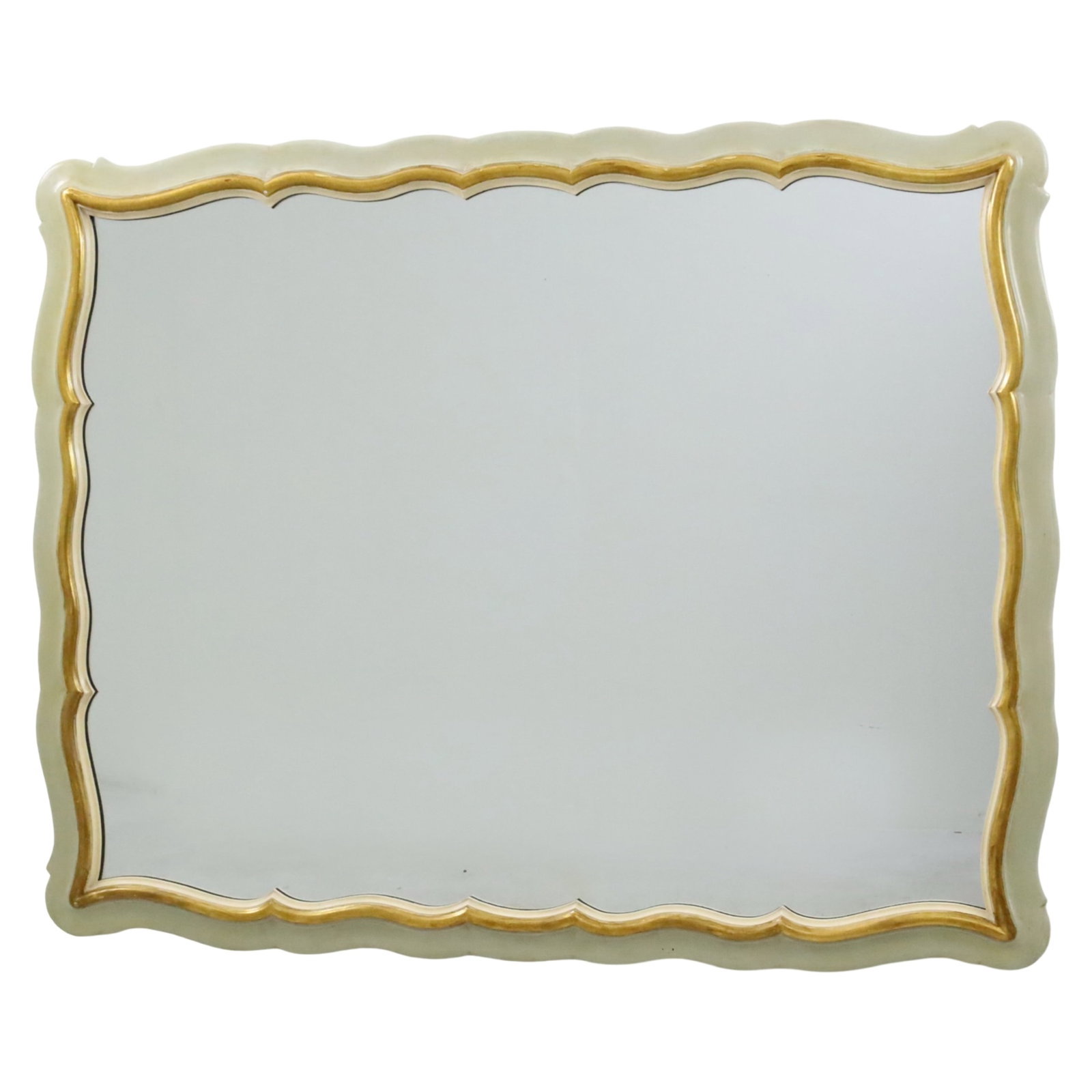 FRENCH INSPIRED GILT AND POLYCHROME MIRROR: Large French inspired gilt and polychrome mirror having scalloped wood frame, 20th century; 39"H 47"W