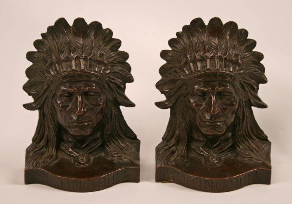 PAIR OF SIGNED BRONZE INDIAN CHIEF BOOKENDS TITLED: PAIR OF BRONZE INDIAN CHIEF BOOKENDS TITLED "SITTING BULL" SIGNED J.L. LAMBERT SCP. 1914 INSCRIBED ON BACK, CAST BY GRIFFOUL NEWARK N.J.; GOOD RICH BROWN PATINA; 7"H X 5"W X 3"D