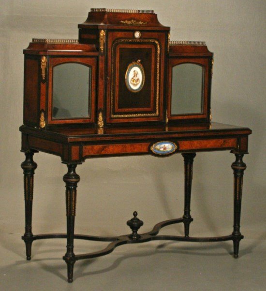 IMPORTANT DORE BRONZE AND SEVRES MOUNTED LOUIS XVI: IMPORTANT DORE BRONZE AND SEVRES MOUNTED LOUIS XVI STYLE EBONIZED AND AMBOYNA WOOD BUREAU; 56"H X 47"W X 23.5"D