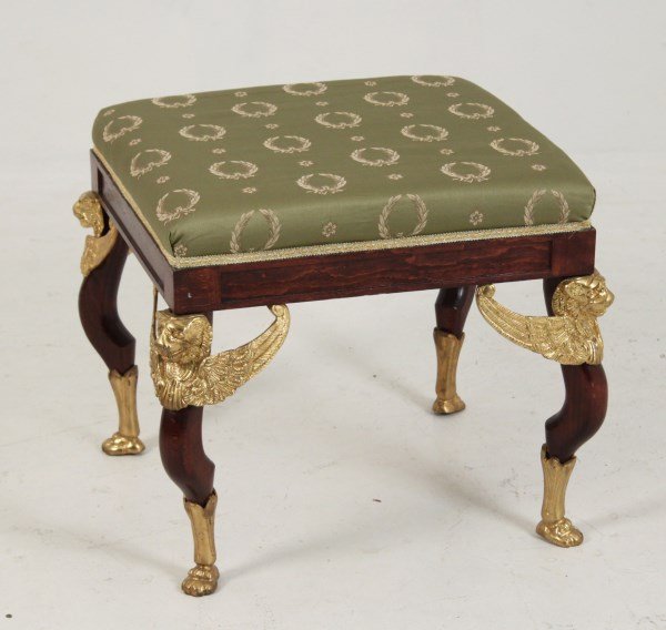 FRENCH EMPIRE STYLE BRONZE MOUNTED MAHOGANY STOOL: FRENCH EMPIRE STYLE BRONZE MOUNTED MAHOGANY STOOL WITH WING GRIFFIN SUPPORTS; 19"H X 20"W X 20"D