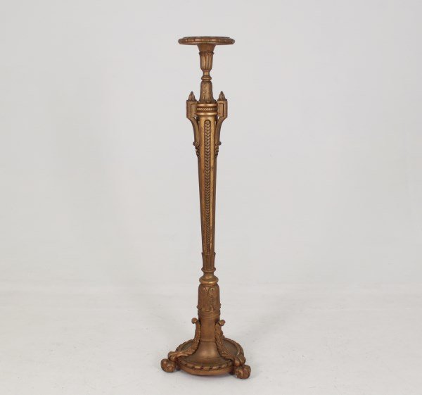 GILT CARVED WOOD TORCHIER STAND: GILT CARVED WOOD TORCHIER STAND, LATE 19TH C.; 62"H X 10"DIA. TOP