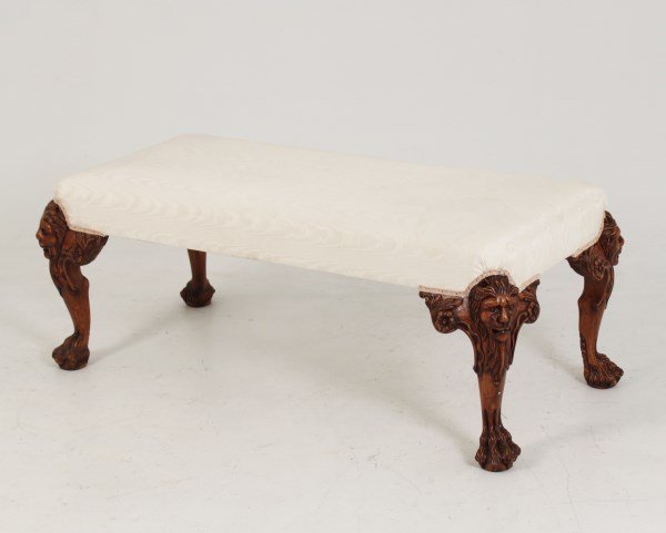 REGAL ENGLISH DESIGN WALNUT LION HEAD CARVED LONG STOOL: REGAL ENGLISH DESIGN WALNUT LION HEAD CARVED LONG STOOL; 20"H X 48"W X 23"D