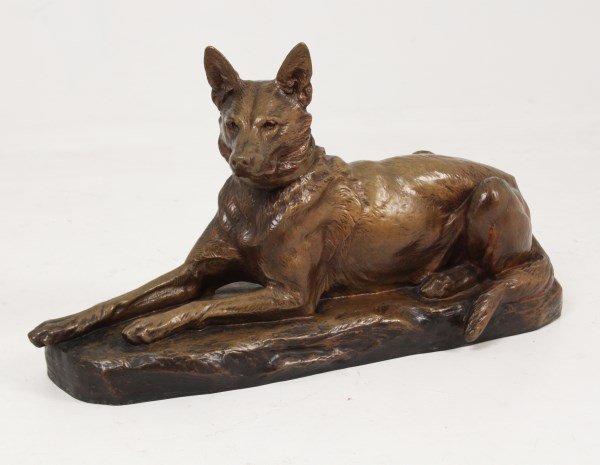 L. RICHE, 19TH C.FRENCH BRONZE SCULPTURE OF A DOG: FRENCH BRONZE SCULPTURE OF A DOG RESTING ON A CONFORMING STAND SIGNED L. RICHE, 19TH C.; 18"H X 32"W X 10.5"D
