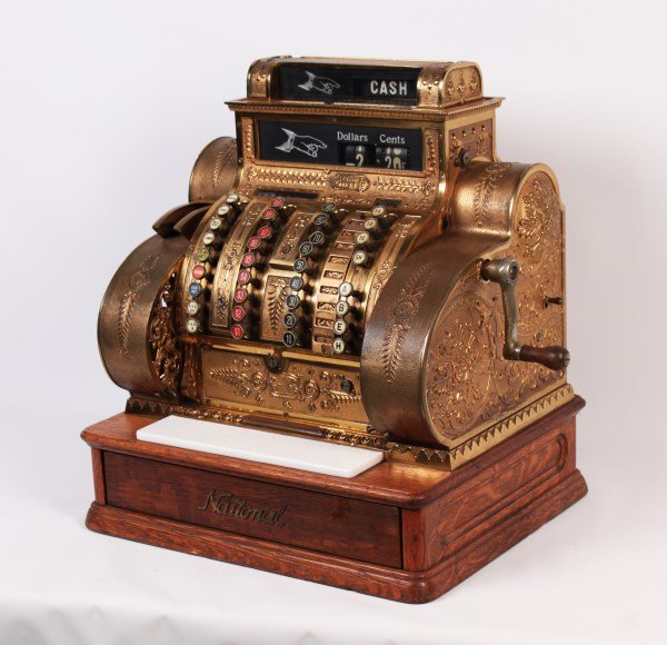 NATIONAL BRASS CASH REGISTER: NATIONAL BRASS CASH REGISTER MODEL 1496038-442-E-L; 22"H X 20"W X 16.5"D