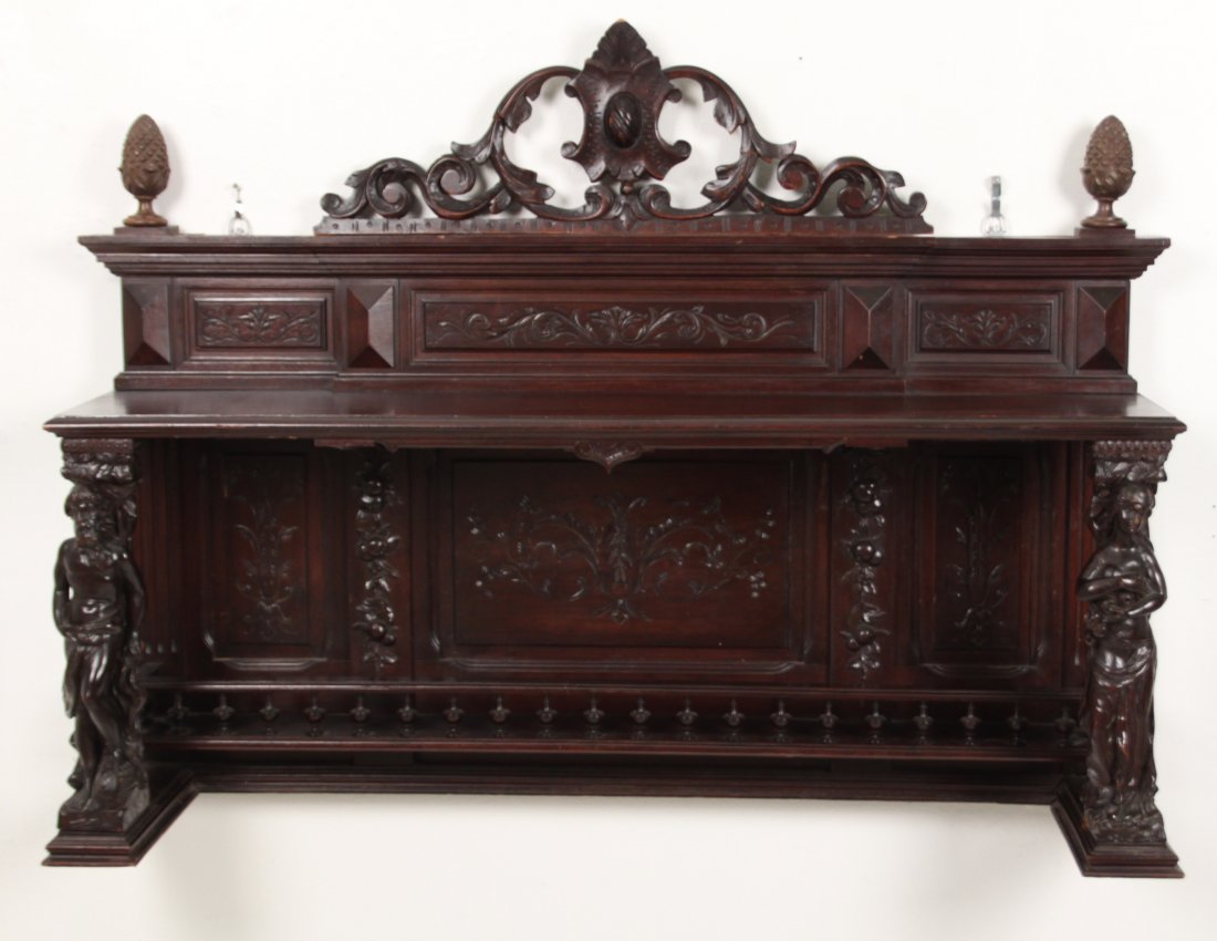 ITALIAN CARVED WALNUT HANGING SHELF WITH FIGURAL: ITALIAN CARVED WALNUT HANGING SHELF WITH FIGURAL SUPPORTS; 26"H X 34"W X 12"D