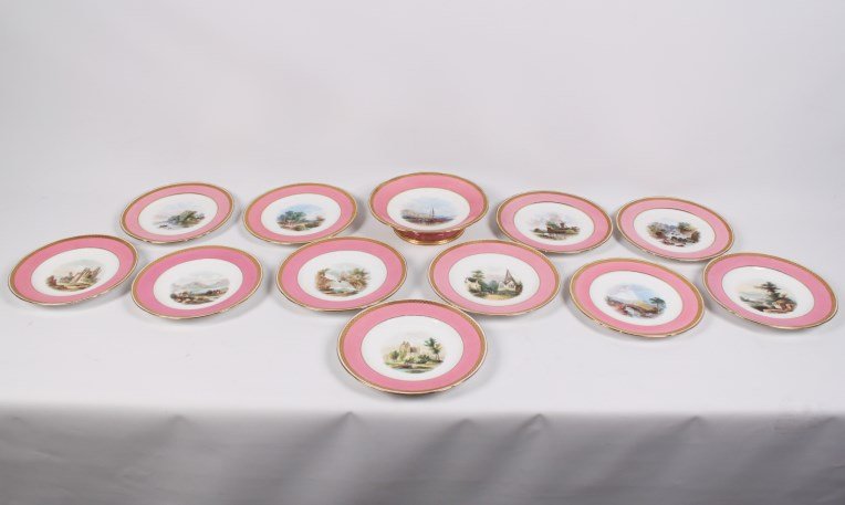 12 PIECE MINTON PORCELAIN DESSERT SERVICE: 12 PIECE MINTON PORCELAIN DESSERT SERVICE CONSISTING OF A FOOTED COMPOTE AND 11 PLATES WITH HANDPAINTED CENTER RESERVES; 9.25"DIA. PLATES
