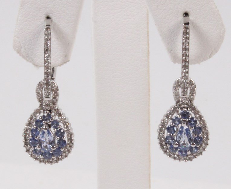 PAIR OF 14K DIAMOND AND CEYLON SAPPHIRE EARRINGS: PAIR OF 14K WHITE GOLD DIAMOND AND CEYLON SAPPHIRE EARRINGS HAVING 0.50 CTW DIAMONDS