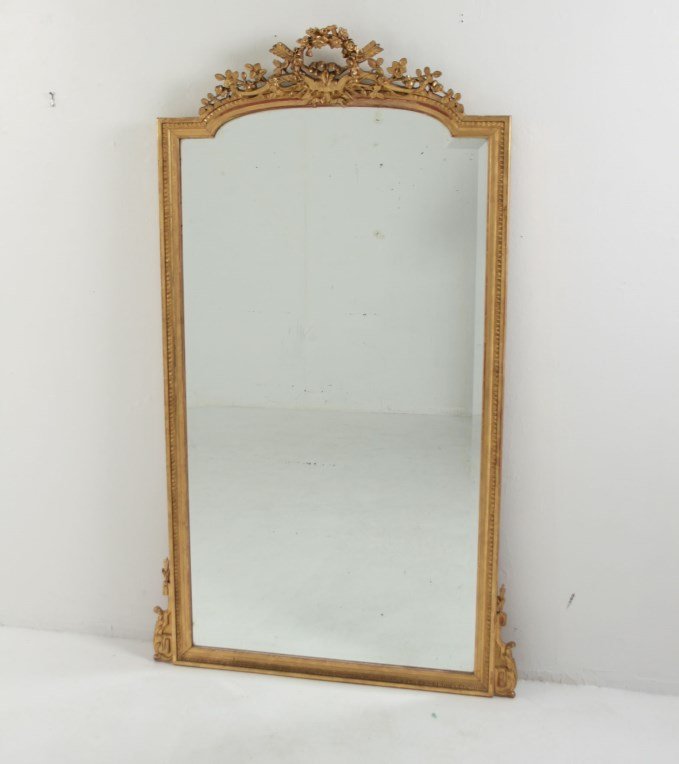 19TH C. FRENCH WATER GILT GOLD LEAF 68" MIRROR: BEVELED GLASS 19TH C. FRENCH WATER GILT GOLD LEAF MIRROR; 68"H X 36"W