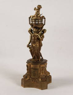 19TH C. FRENCH DORE BRONZE ANNUAIRE CLOCK: FRENCH DORE BRONZE ANNUAIRE CLOCK SUPPORTED BY 3 NUDE FEMALE FIGURES HAVING PUTTI SURMOUNT WITH ARROW POINTING TO TIME, 19TH C.; 20"H X 7"W X 7"D