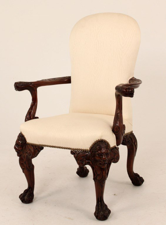 IRISH CHIPPENDALE STYLE MAHOGANY OPEN ARM CHAIR: IRISH CHIPPENDALE STYLE MAHOGANY OPEN ARM CHAIR WITH LION HEAD CARVED KNEES ON HAIRY PAW FEET; 44.5"H X 32.5"W X 26"D