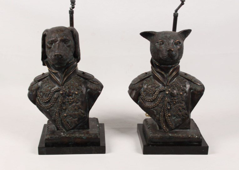 PAIR OF WHIMSICAL BRONZE LAMPS OF CAT AND DOG: PAIR OF WHIMSICAL BRONZE LAMPS OF CAT AND DOG IN MILTARY COSTUME ON MARBLE STANDS, BY MAITLAND SMITH; 34.5"H X 16"W X 16"D OVERALL
