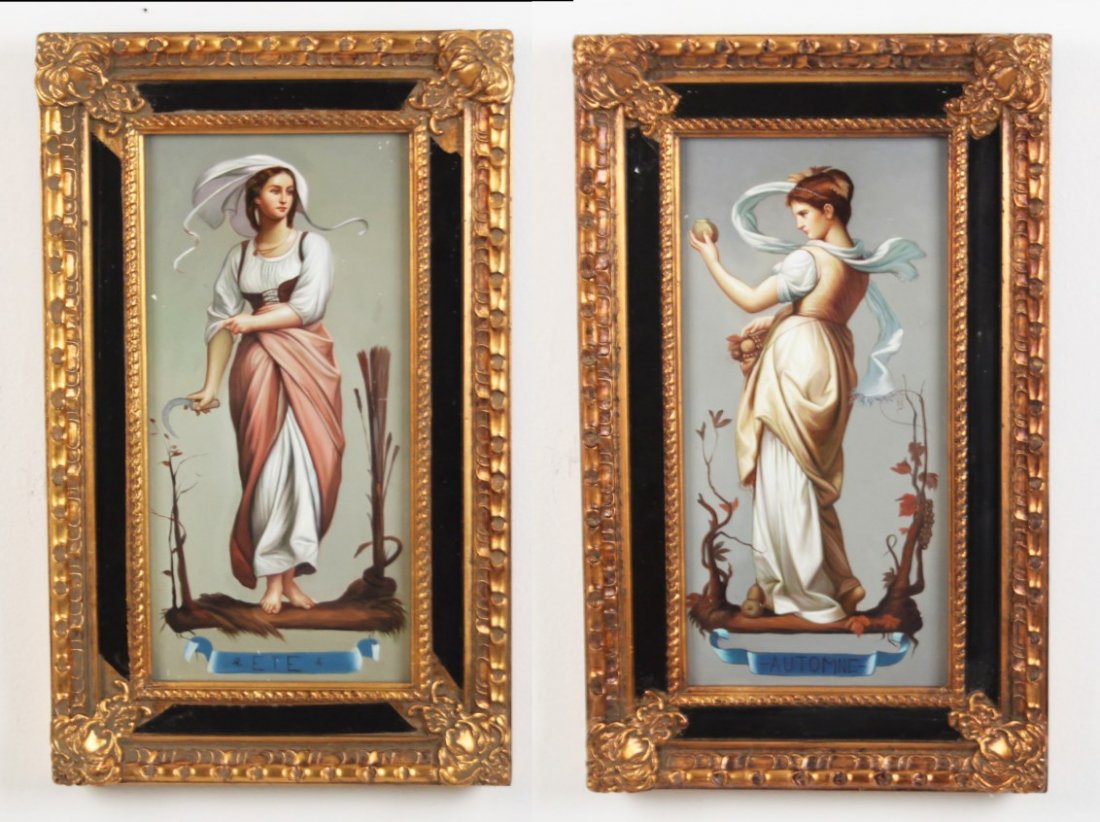 TWO DECORATIVE FRAMED OIL ON BOARD PAINTINGS: TWO DECORATIVE WELL EXECUTED FRAMED OIL ON BOARD PAINTINGS TITLED "ETE SUMMER AUTUMNF AUTUMN" (MODERN); 21"H X 13"W OVERALL