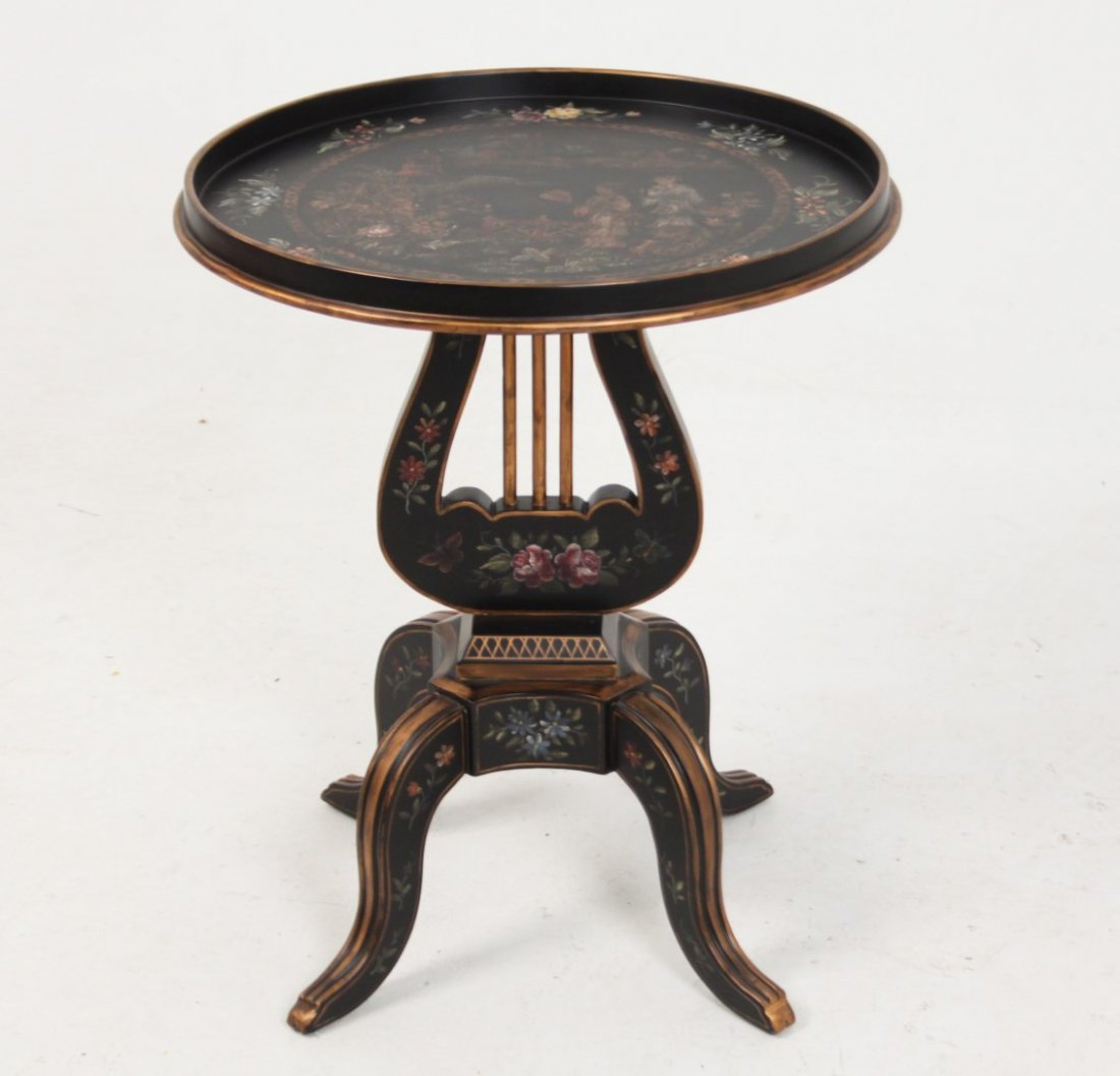 SMALL CHINOISERIE LACQUERED OCCASSIONAL TABLE: SMALL CHINOISERIE LACQUERED OCCASSIONAL TABLE WITH LYRE SHAPED SUPPORT; 26"H X 21"W