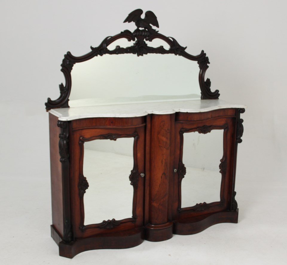 LATE REGENCY CARVED ROSEWOOD MARBLE TOP CREDENZA: LATE REGENCY CARVED ROSEWOOD MARBLE TOP TWO DOOR CREDENZA HAVING EAGLE CARVED BACKSPLASH, ENGLISH/AMERICAN, 19TH C.; 67"H X 57"W X 15.5"D