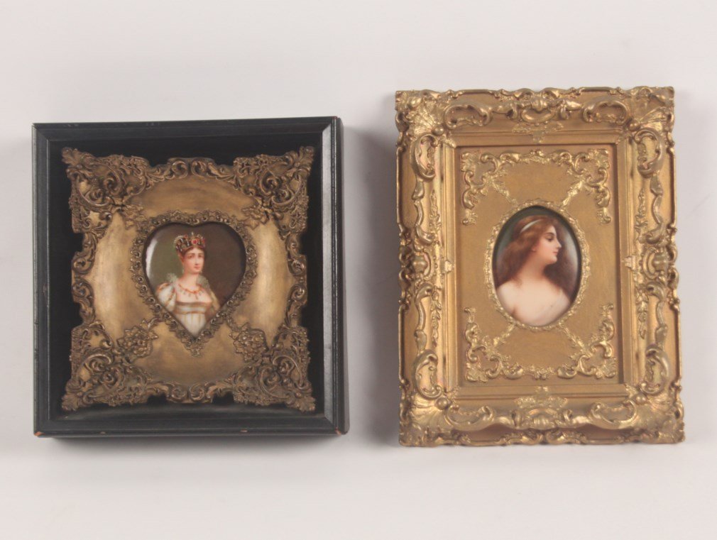 MISCELLANEOUS GROUP OF TWO FRAMED HANDPAINTED PORCELAIN: MISCELLANEOUS GROUP OF TWO FRAMED HANDPAINTED PORCELAIN PLAQUES, ONE IN THE STYLE OF WAGNER, THE OTHER IN A HEART SHAPED SILHOUETTE SIGNED LOWER RIGHT E???; HEART SHAPED 2.75"H X 2.5"W IMAGE, 8"H X 7.