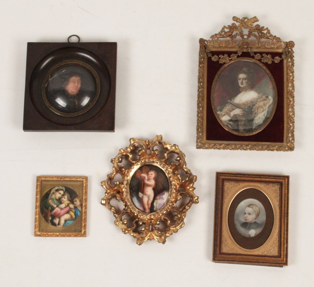 5 PIECE MISCELLANEOUS LOT OF FRAMED MINIATURES: 5 PIECE MISCELLANEOUS LOT OF FRAMED MINIATURES INCLUDING ONE ON PORCELAIN OF RECLINING CHERUB IN A FLORENTINE FRAME; TOP RIGHT 5'H X 4"W IMAGE, 9.25"H X 6.25"W OVERALL; TOP LEFT 3.5"H X 3.5"W IMAGE, 6