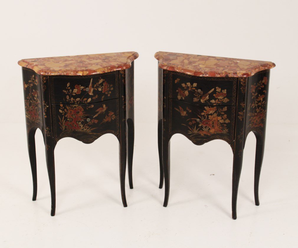 PAIR OF LOUIS XV STYLE SERPENTINE BLACK LACQUERED: PAIR OF LOUIS XV STYLE SERPENTINE BLACK LACQUERED DIMINUTIVE 2 DRAWER COMMODES HAVING BRACCIA MARBLE TOPS, FRENCH LATE 19TH C.; 27.25"H X 21.5"W X 10"D