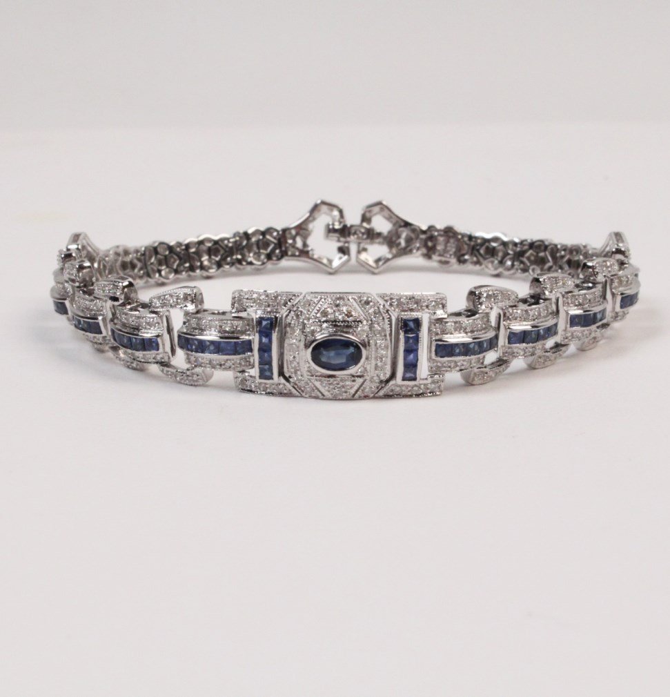14K DIAMOND AND SAPPHIRE BRACELET: 14K WHITE GOLD DIAMOND AND SAPPHIRE BRACELET HAVING 1.12 CTW DIAMONDS AND 1.83 CTW SAPPHIRES; 14.4 GRAMS
